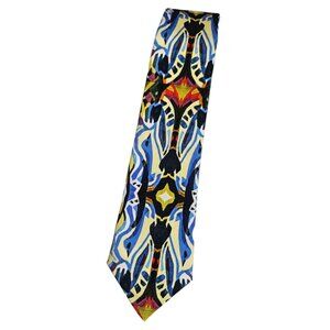 VIDA Men's 100% Silk Necktie LUXURY Tie Blue Yellow Geometric Art W:2.6" EUC